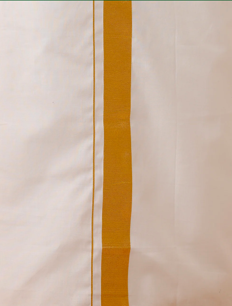 Men White with 1 1/2" Gold jari Border Single Layer Dhoti Aruthra